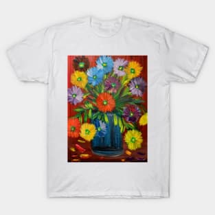 A beautiful of a painting of colorful mixed flowers in a turquoise vase T-Shirt